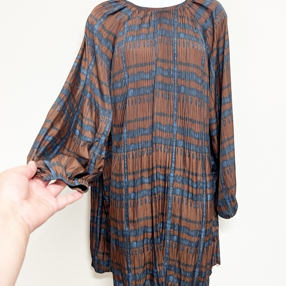 Grade & Gather Womens Cocoa Brown Navy Pleated Plaid Print Tunic Dress Size S - Picture 4 of 8